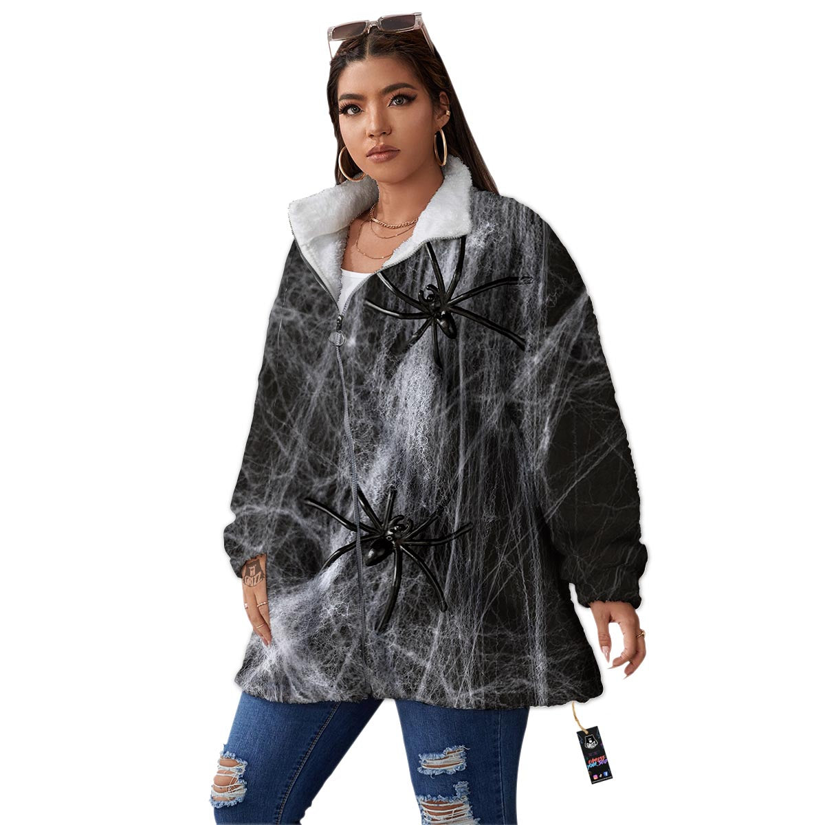 Cobweb And Toy Spiders Print Women's Sherpa Jacket-grizzshop