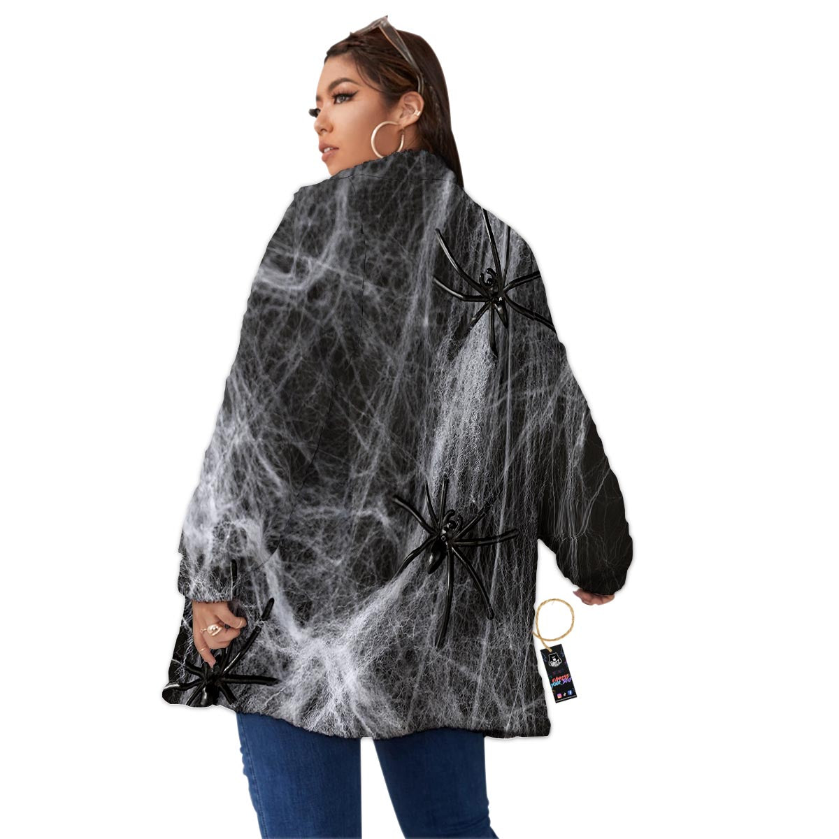 Cobweb And Toy Spiders Print Women's Sherpa Jacket-grizzshop