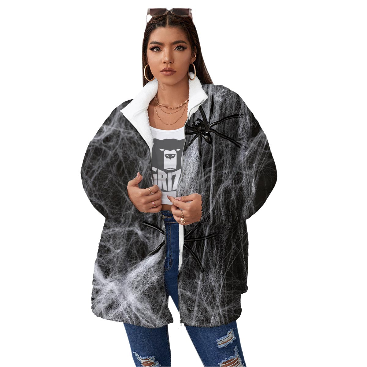 Cobweb And Toy Spiders Print Women's Sherpa Jacket-grizzshop