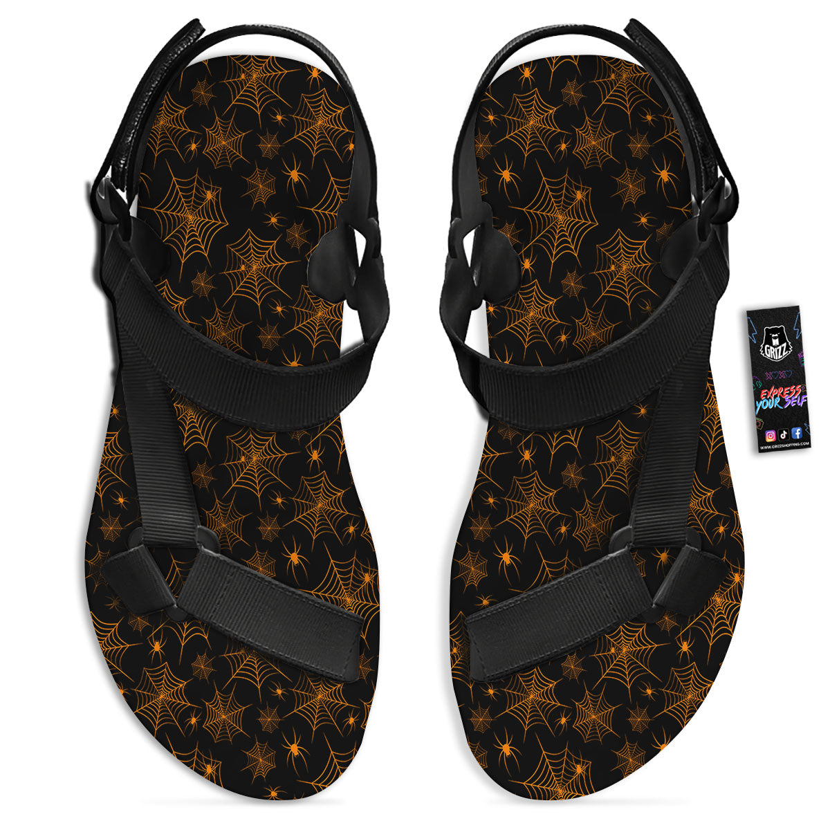 Cobweb Halloween Print Pattern Black Open Toe Sandals-grizzshop