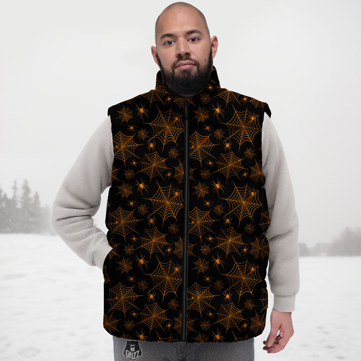 Cobweb Halloween Print Pattern Down Vest-grizzshop