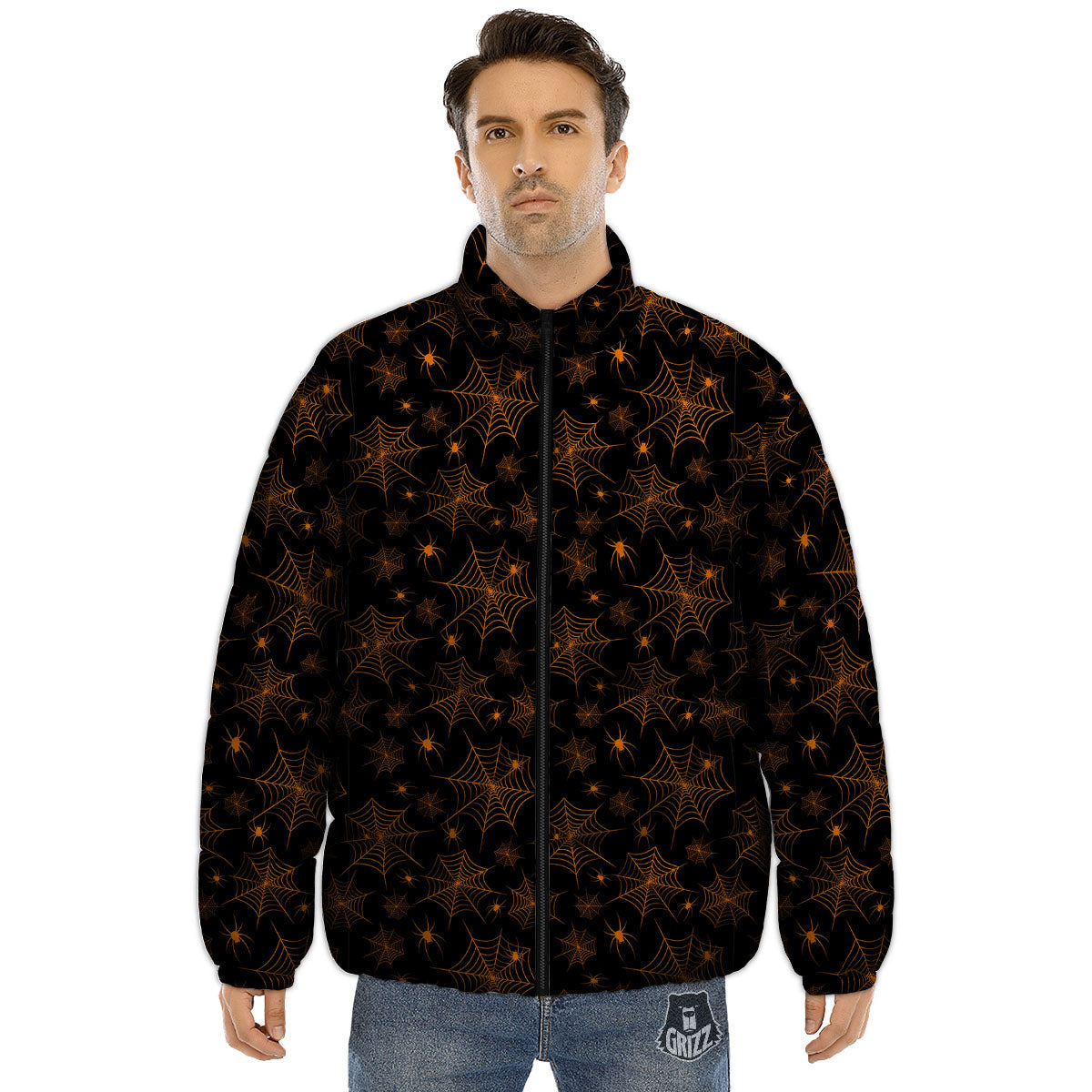 Cobweb Halloween Print Pattern Puffer Jacket-grizzshop