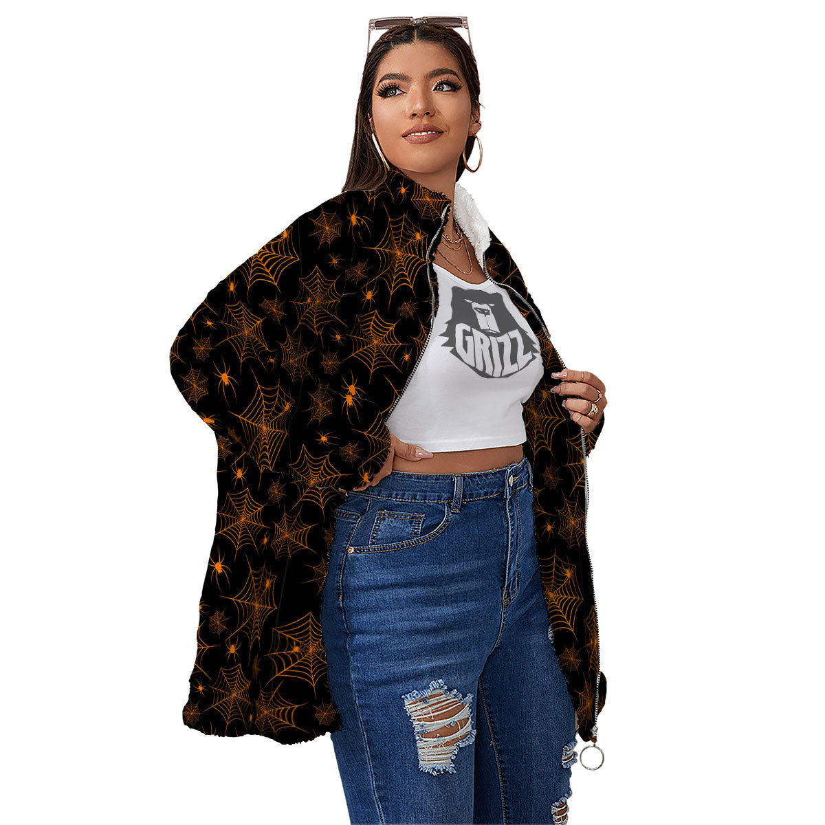 Cobweb Halloween Print Pattern Women's Sherpa Jacket-grizzshop