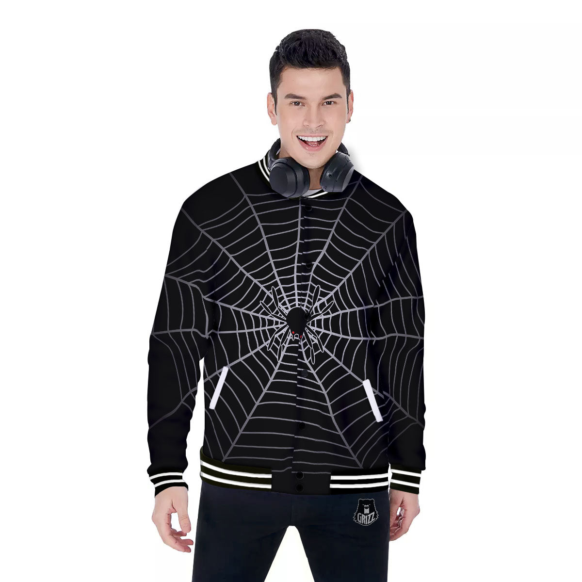 Cobweb White And Black Print Baseball Jacket-grizzshop