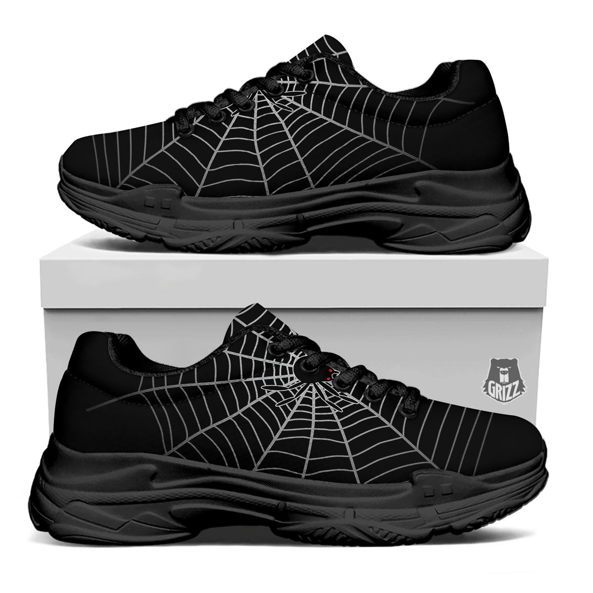 Cobweb White And Black Print Black Chunky Shoes-grizzshop
