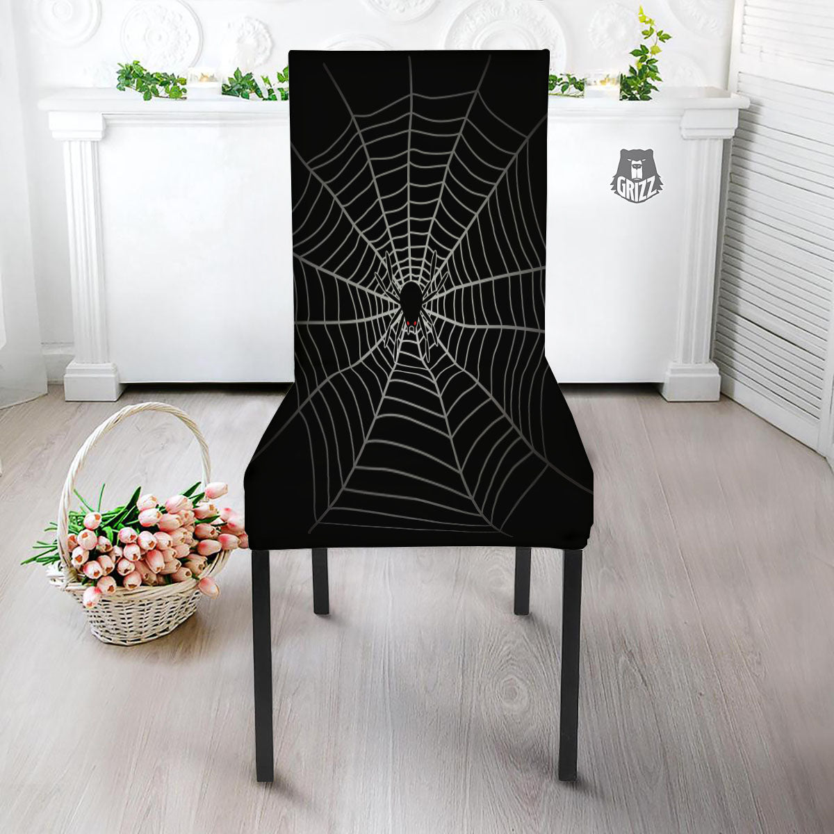 Cobweb White And Black Print Dining Chair Slipcover-grizzshop
