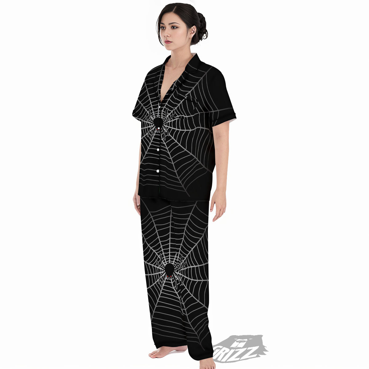Cobweb White And Black Print Women's Pajamas Set-grizzshop