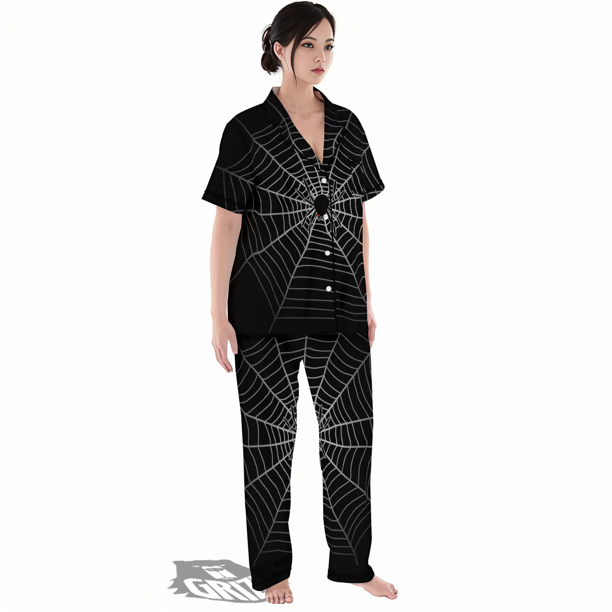Cobweb White And Black Print Women's Pajamas Set-grizzshop