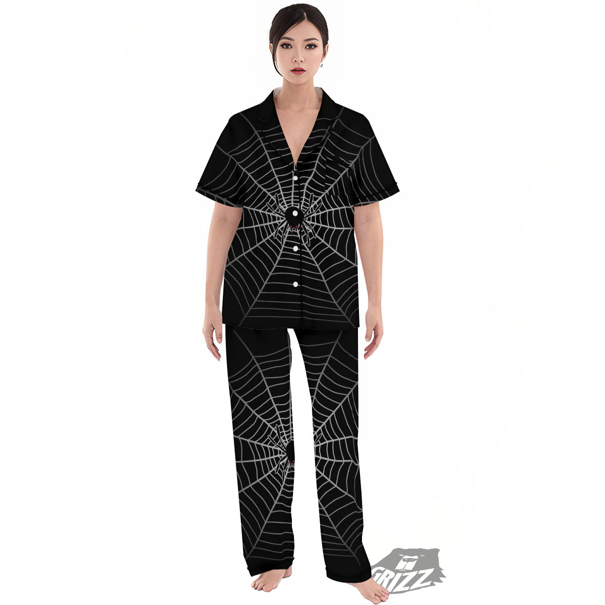 Cobweb White And Black Print Women's Pajamas Set-grizzshop