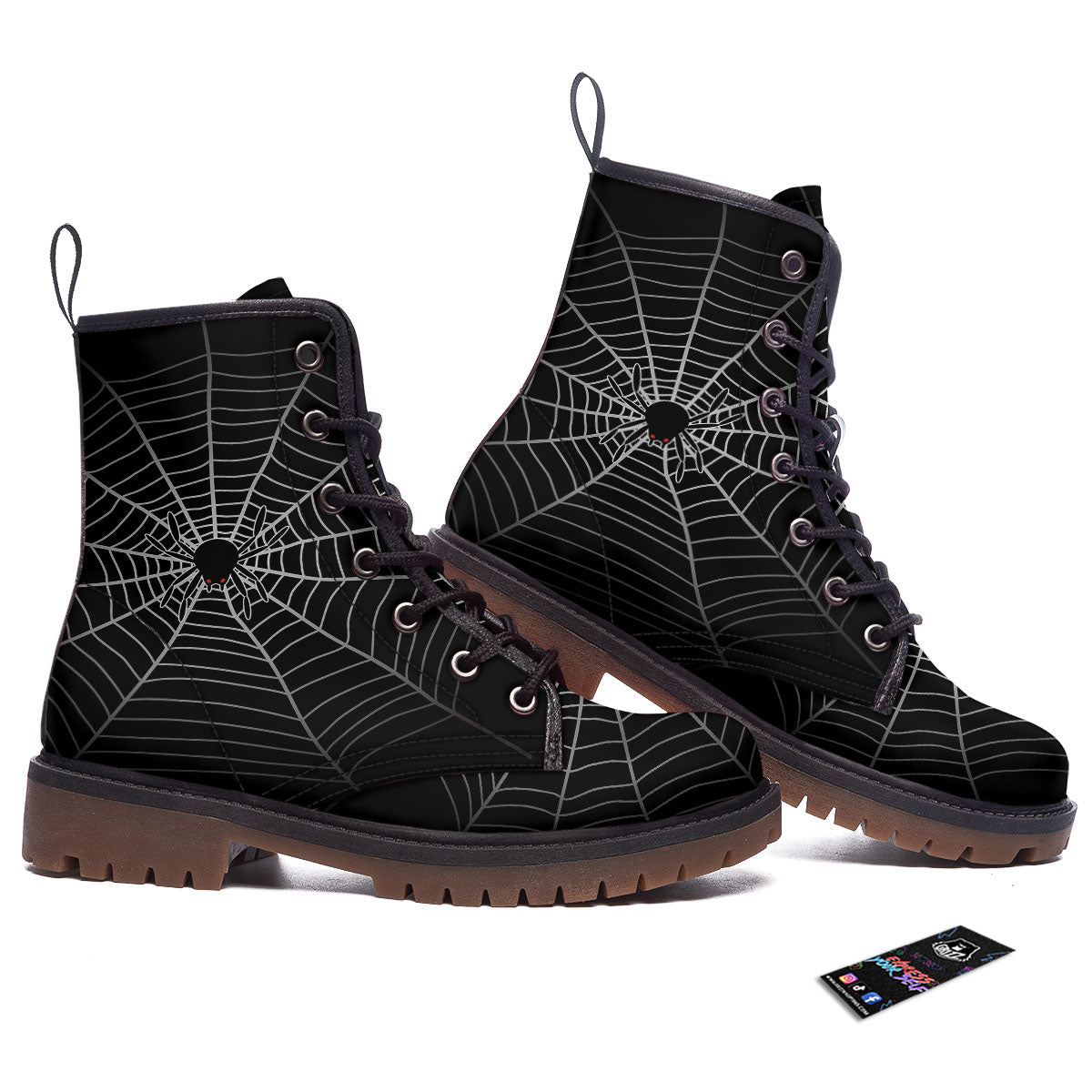 Cobweb White And Black Print Work Boots-grizzshop