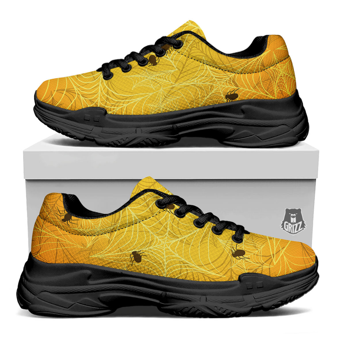 Cobweb Yellow Print Black Chunky Shoes-grizzshop
