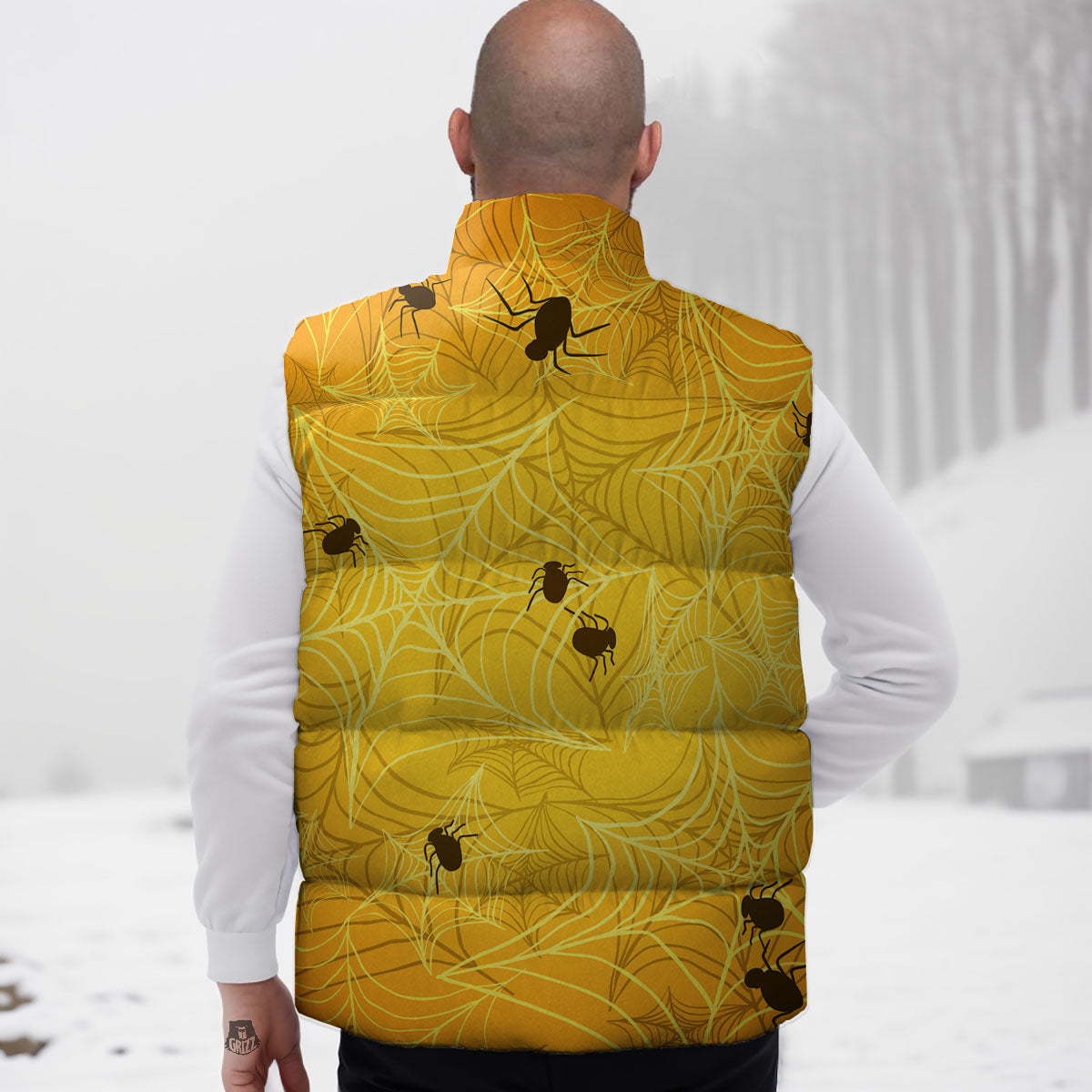Cobweb Yellow Print Down Vest-grizzshop