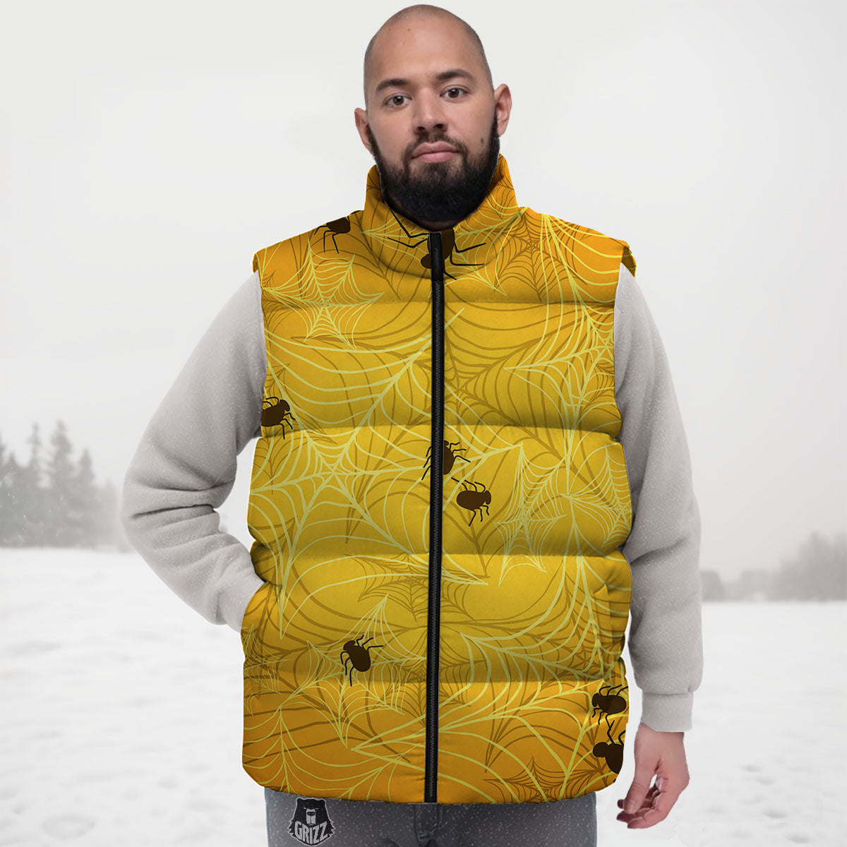 Cobweb Yellow Print Down Vest-grizzshop