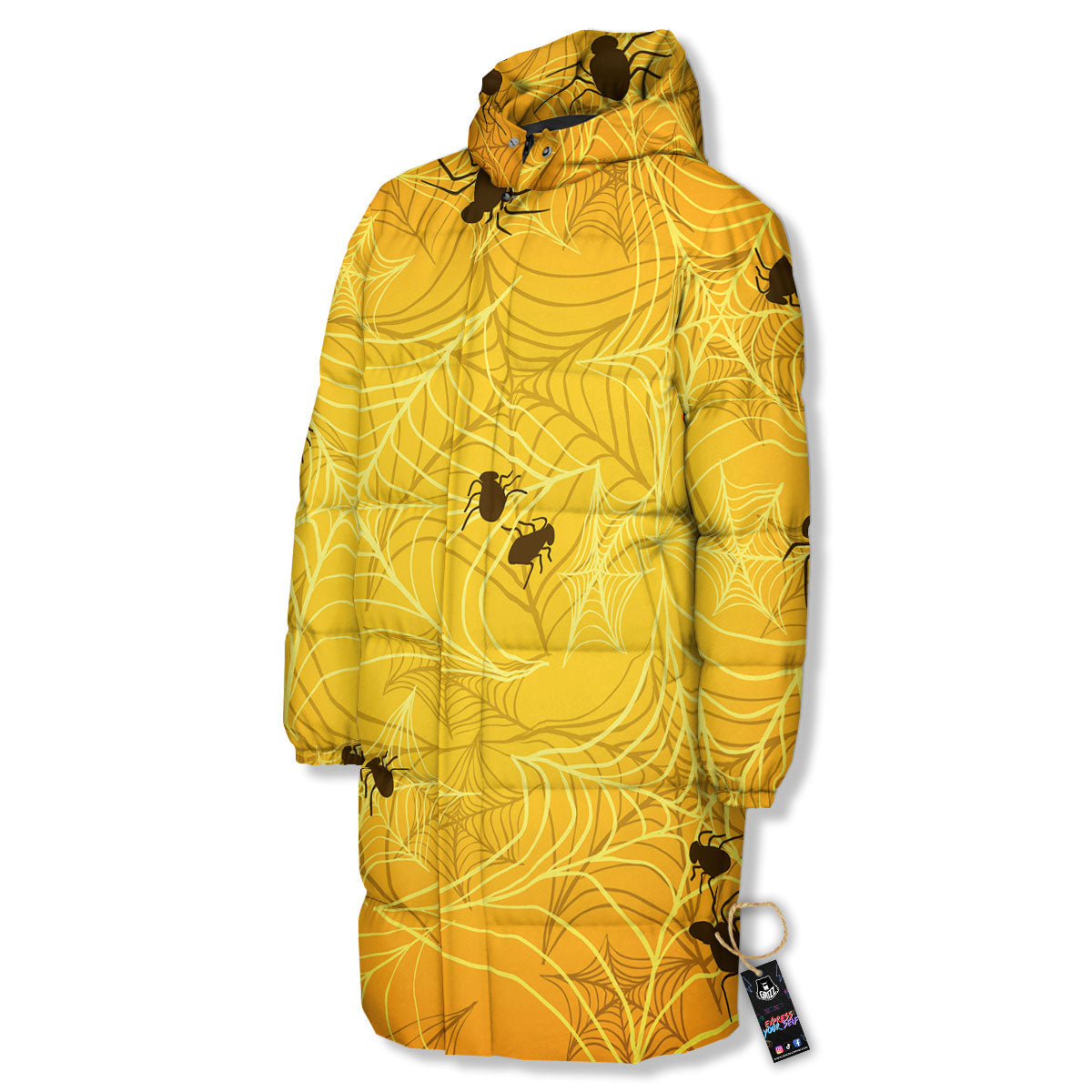 Cobweb Yellow Print Long Down Jacket-grizzshop