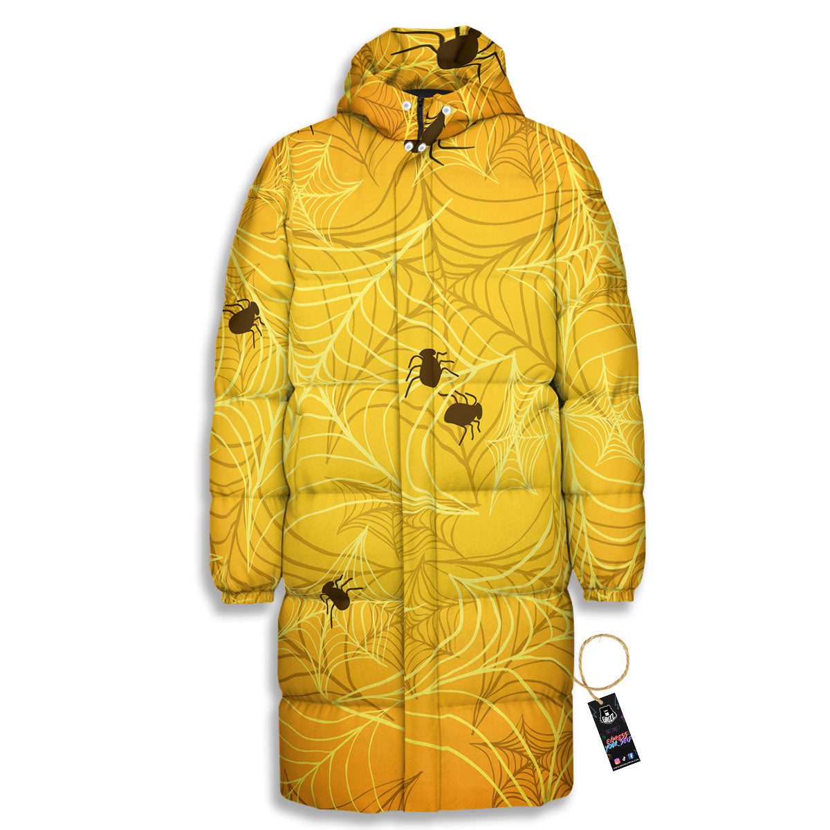 Cobweb Yellow Print Long Down Jacket-grizzshop