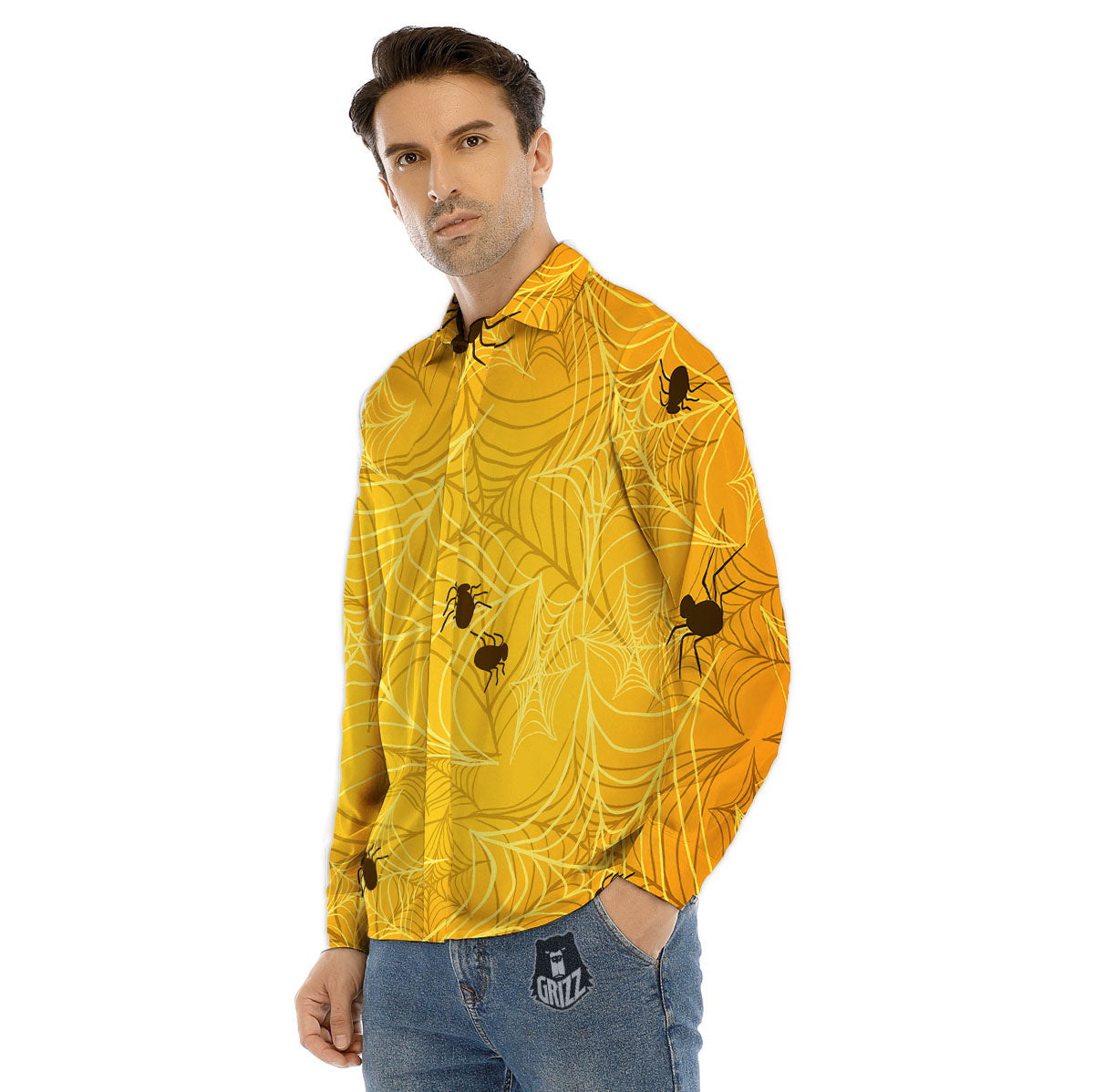 Cobweb Yellow Print Men's Dress Shirts-grizzshop