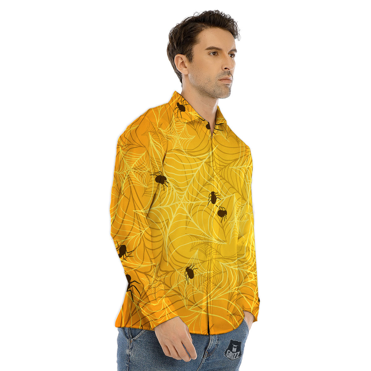 Cobweb Yellow Print Men's Dress Shirts-grizzshop