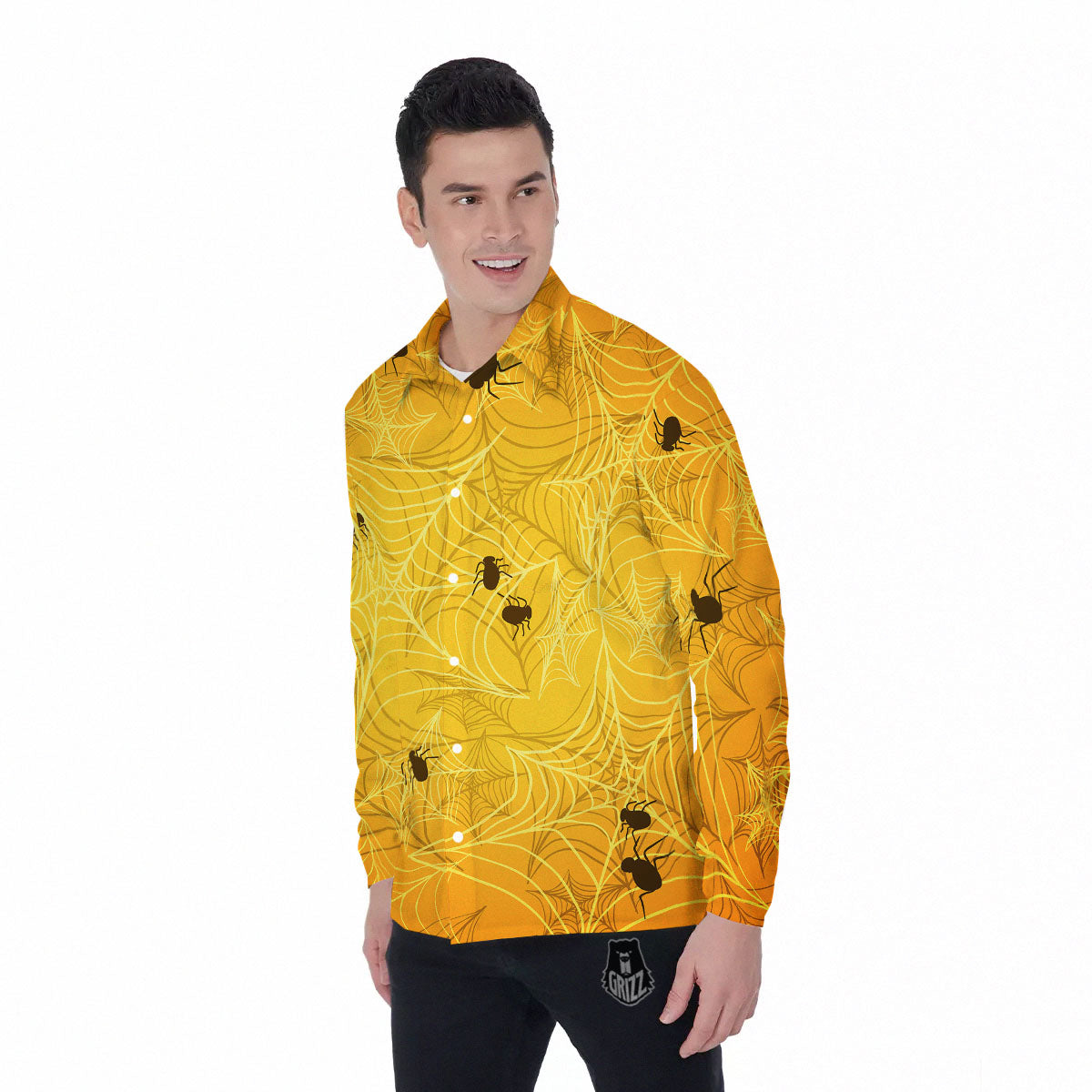 Cobweb Yellow Print Men's Long Sleeve Shirts-grizzshop