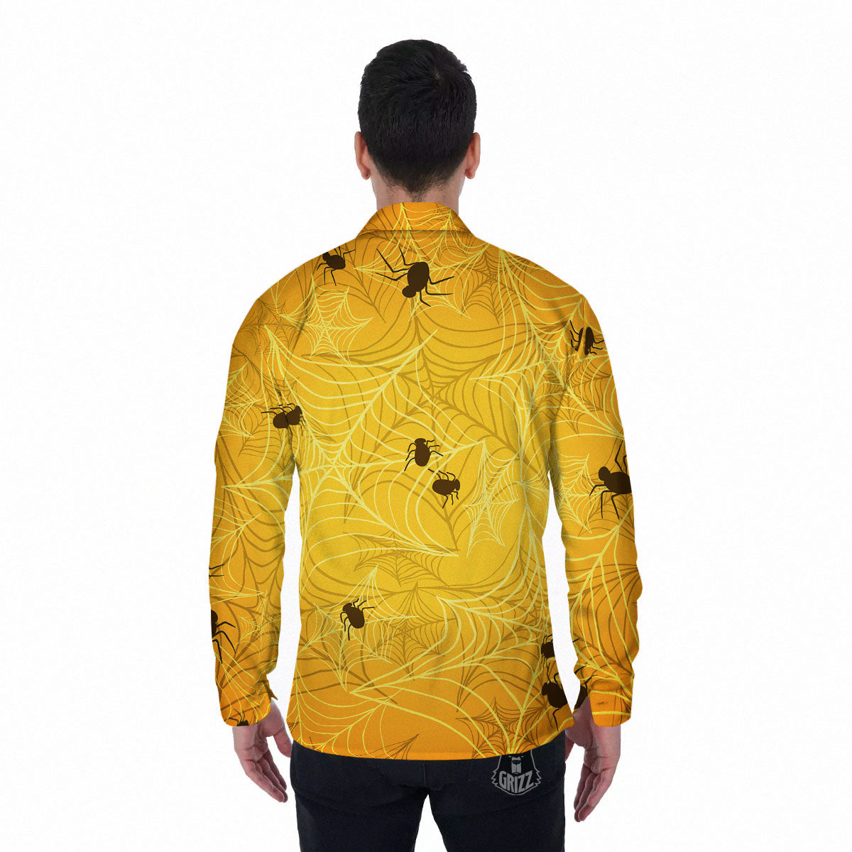 Cobweb Yellow Print Men's Long Sleeve Shirts-grizzshop