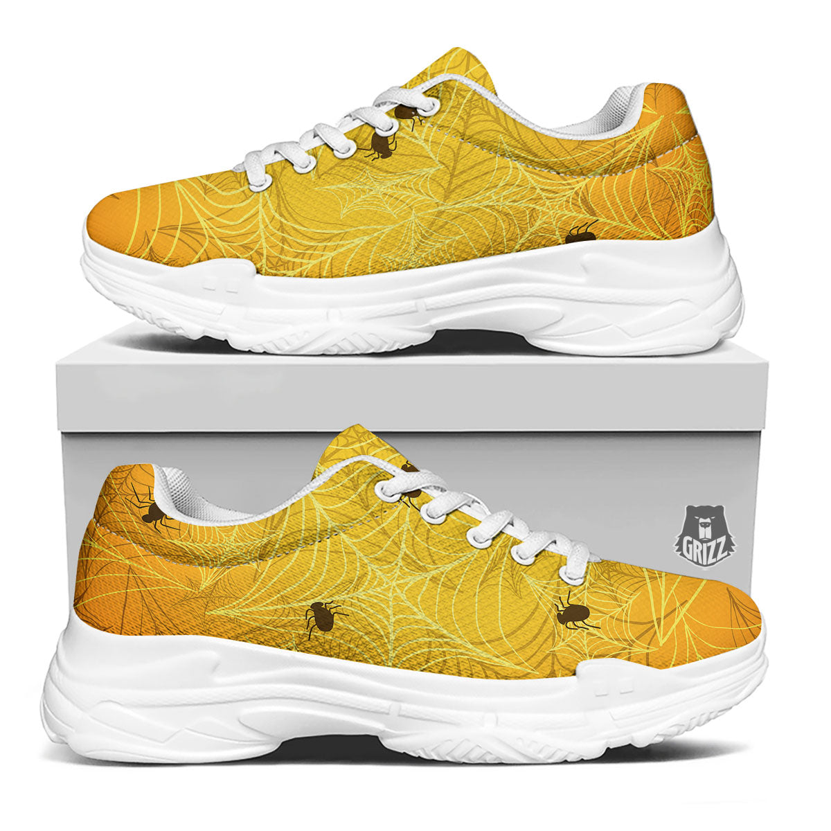 Cobweb Yellow Print White Chunky Shoes-grizzshop
