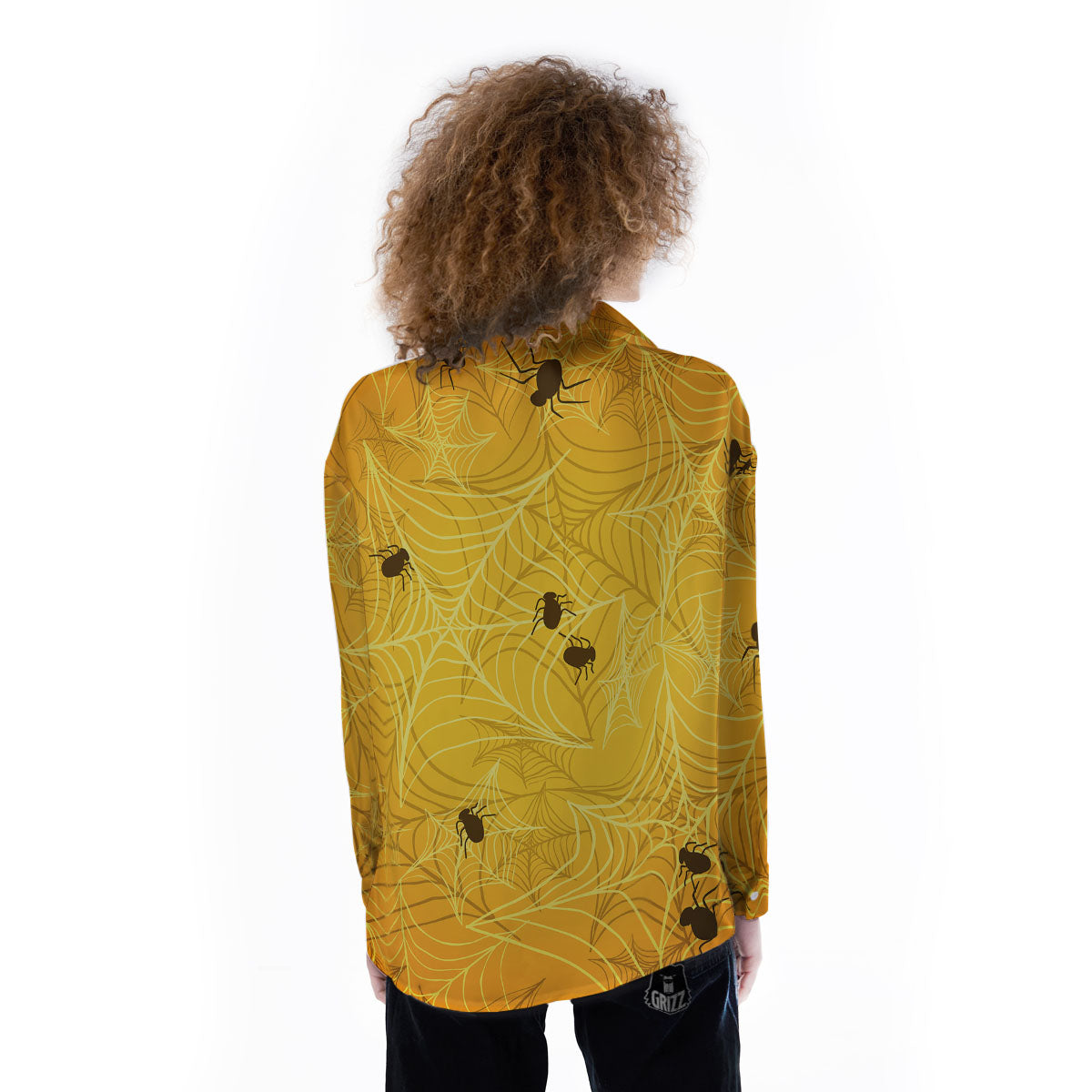 Cobweb Yellow Print Women's Long Sleeve Shirts-grizzshop