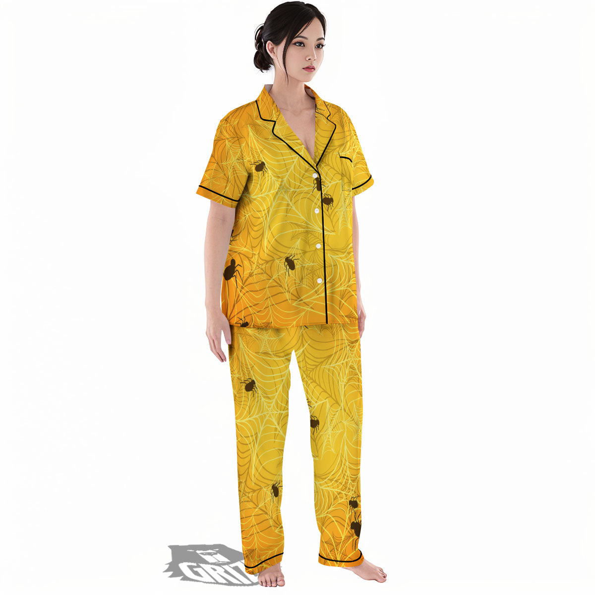 Cobweb Yellow Print Women's Pajamas Set-grizzshop