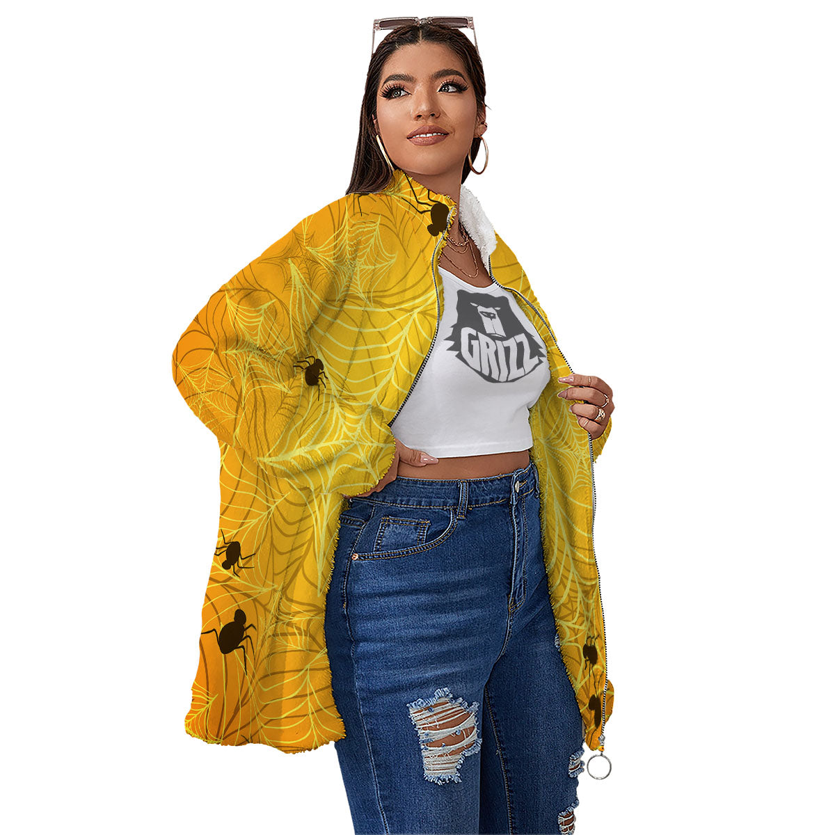 Cobweb Yellow Print Women's Sherpa Jacket-grizzshop