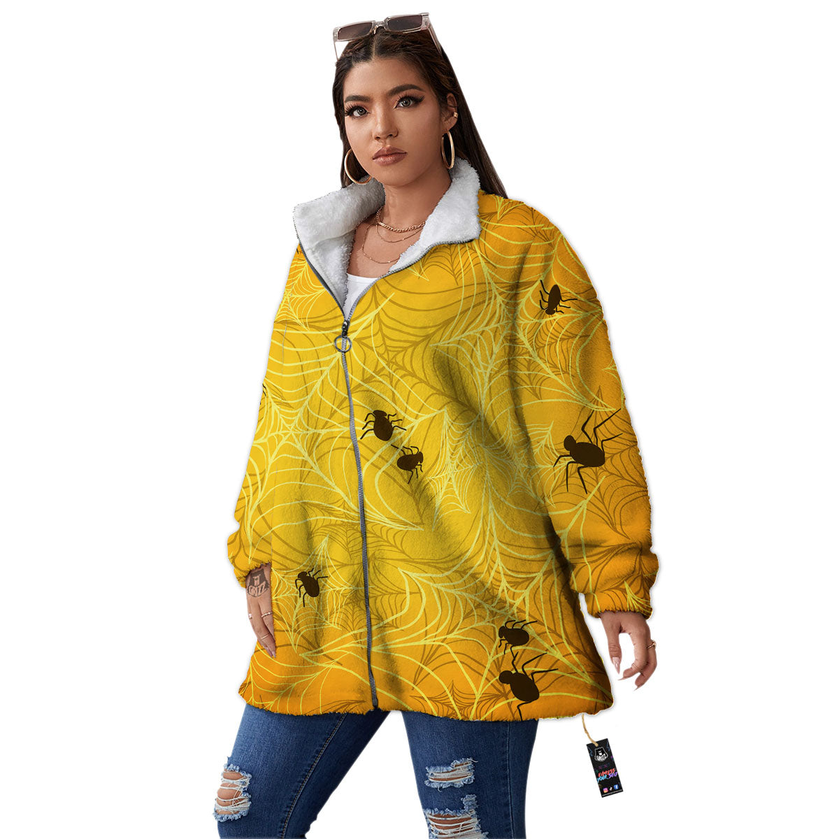 Cobweb Yellow Print Women's Sherpa Jacket-grizzshop