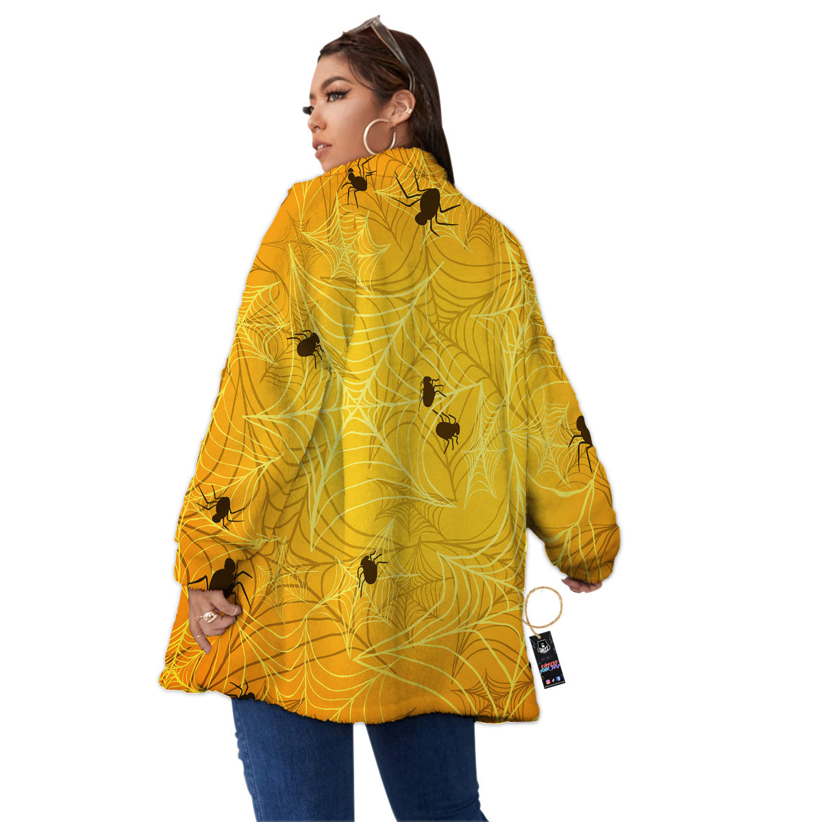 Cobweb Yellow Print Women's Sherpa Jacket-grizzshop