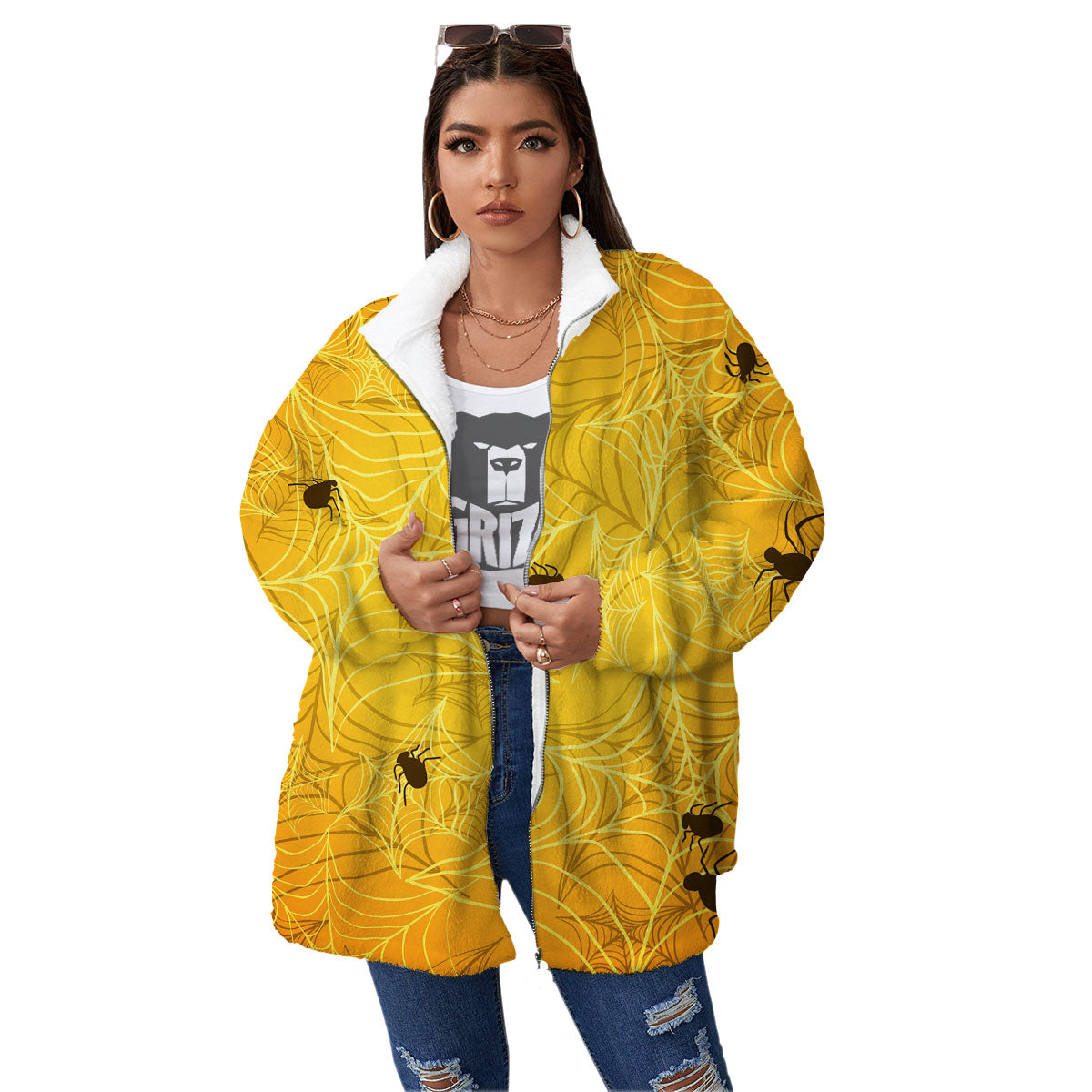 Cobweb Yellow Print Women's Sherpa Jacket-grizzshop