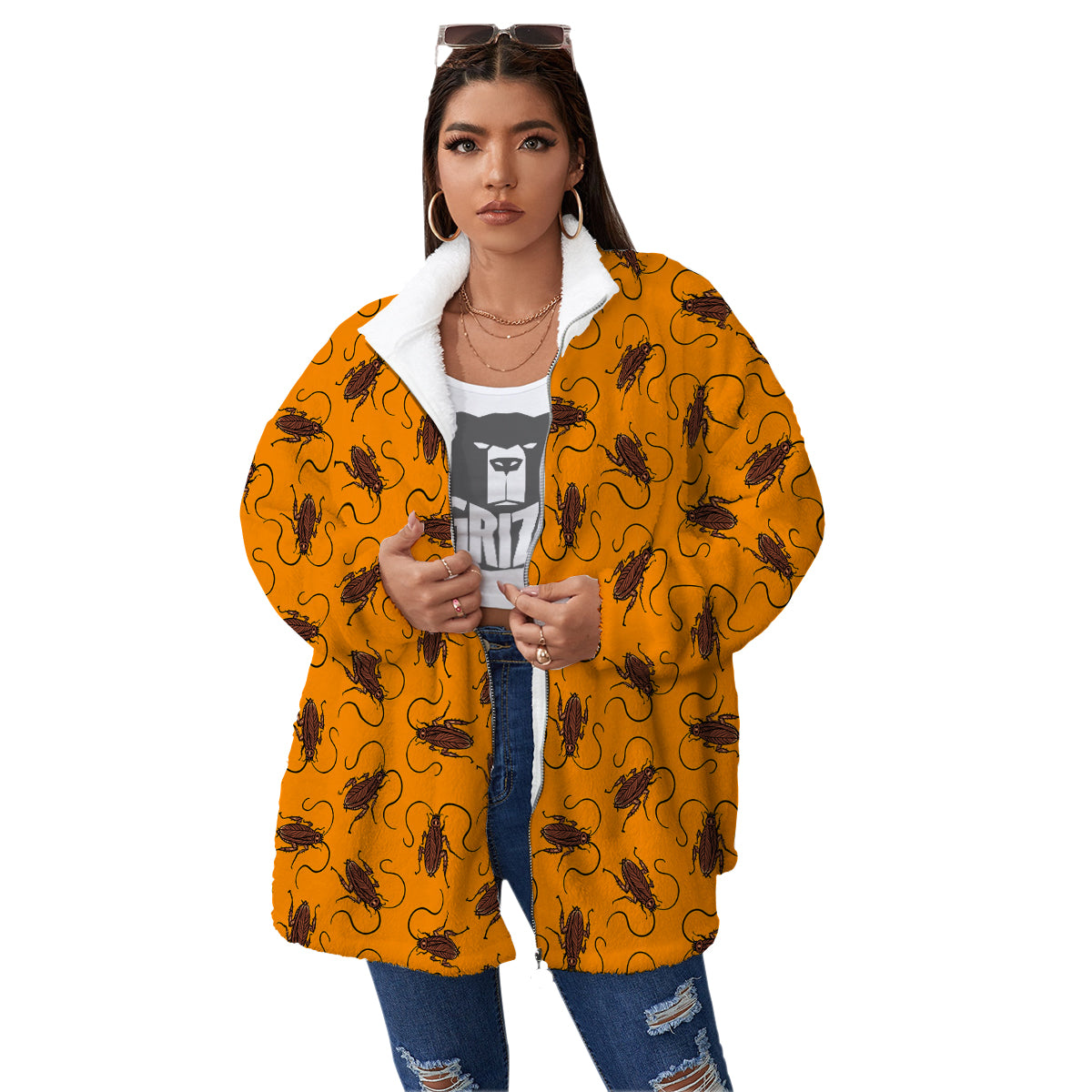 Cockroach Orange Print Pattern Women's Sherpa Jacket-grizzshop