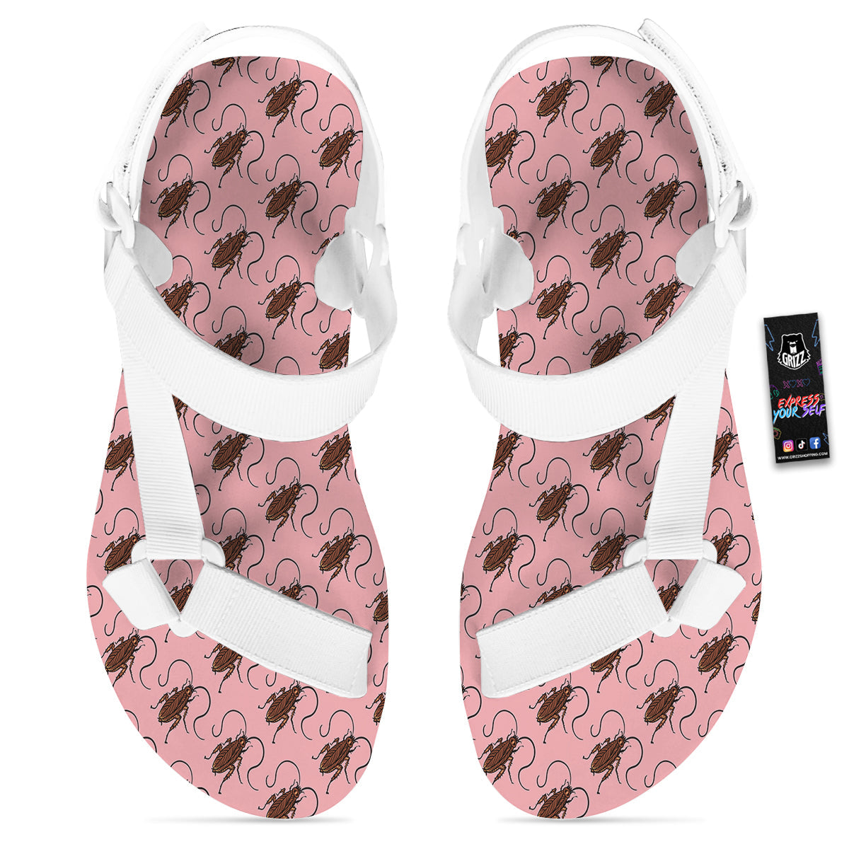 Cockroach Pink Print Pattern White Open Toe Sandals-grizzshop