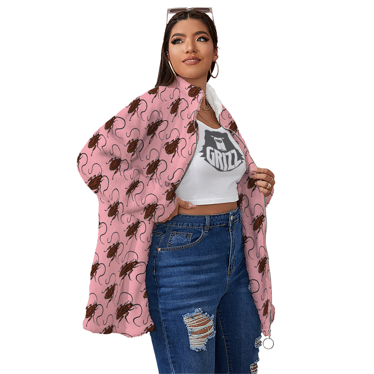 Cockroach Pink Print Pattern Women's Sherpa Jacket-grizzshop