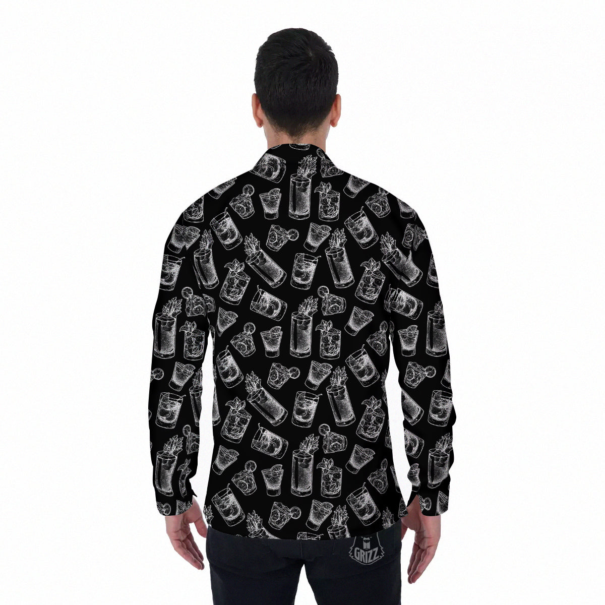 Cocktail Black And White Doodle Print Pattern Men's Long Sleeve Shirts-grizzshop