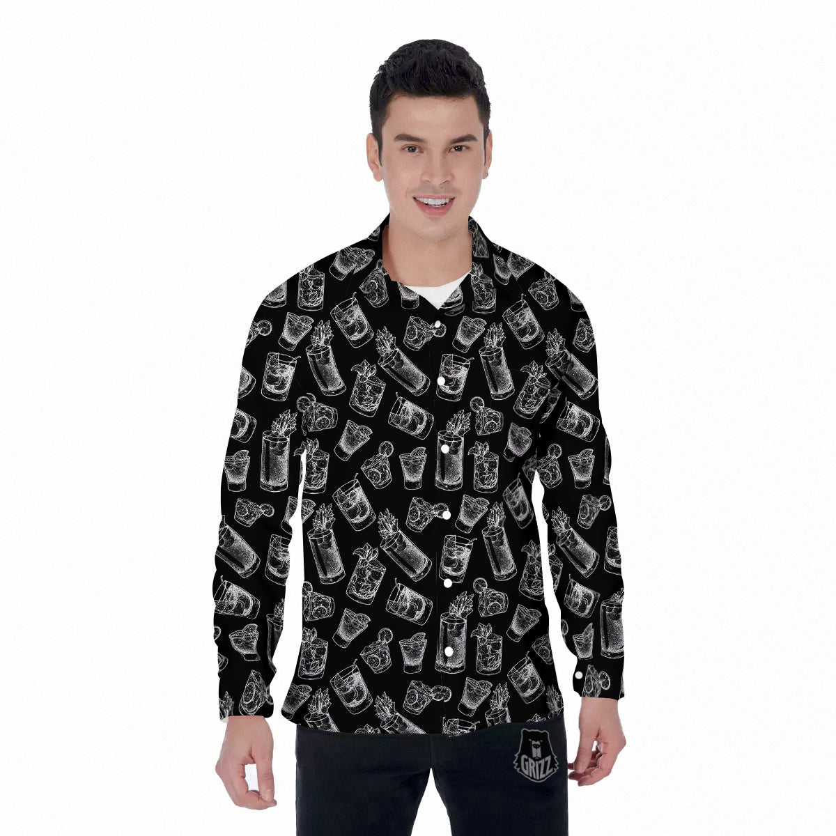 Cocktail Black And White Doodle Print Pattern Men's Long Sleeve Shirts-grizzshop