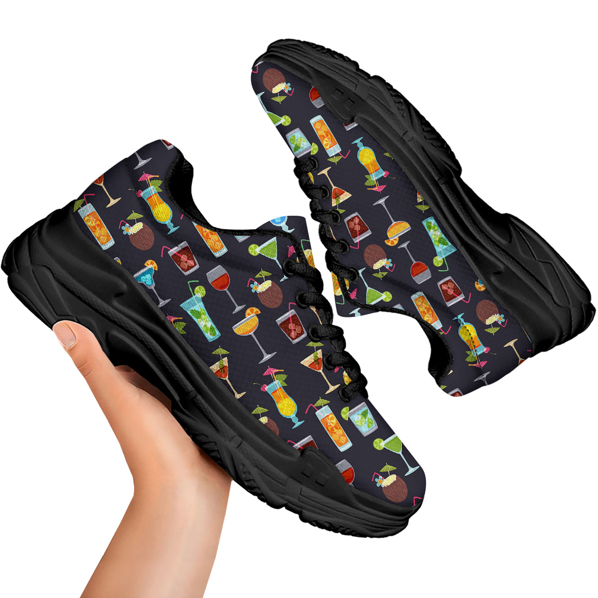 Cocktail Exotic Print Pattern Black Chunky Shoes-grizzshop