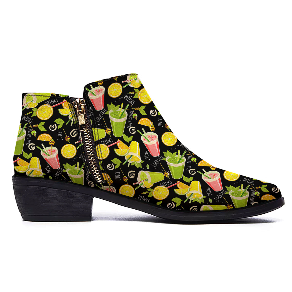 Cocktail Lemon Print Pattern Ankle Boots-grizzshop