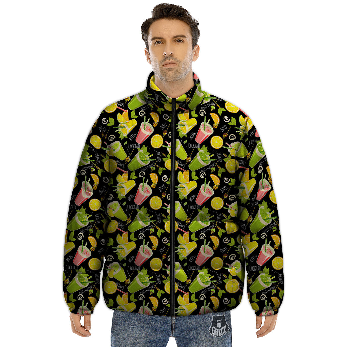 Cocktail Lemon Print Pattern Puffer Jacket-grizzshop