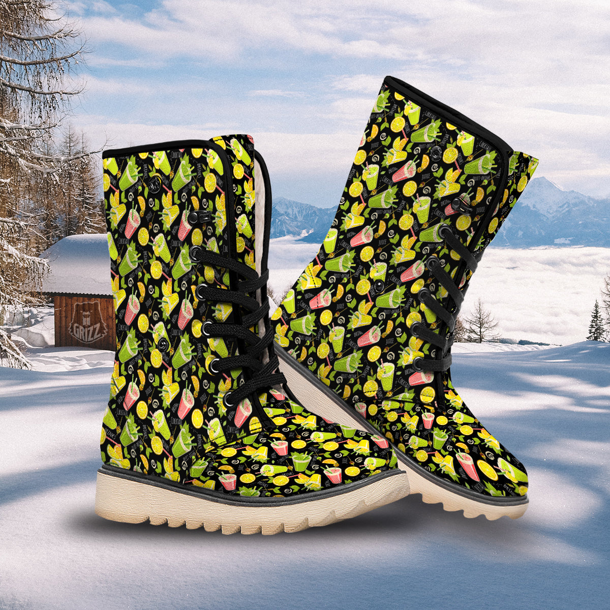 Cocktail Lemon Print Pattern Snow Boots-grizzshop