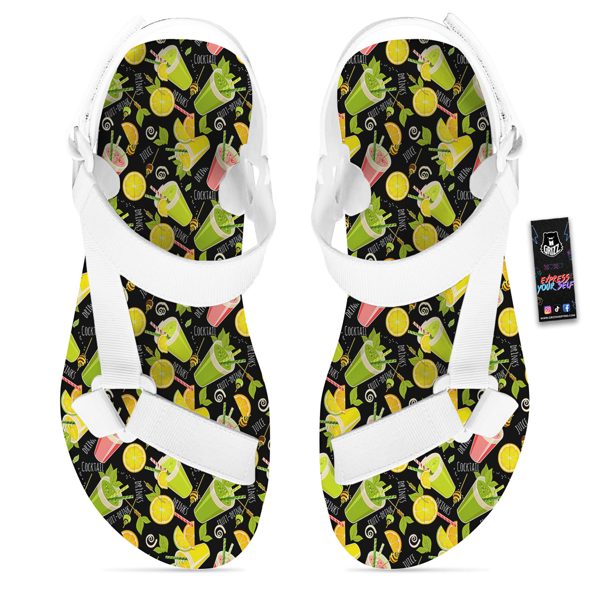 Cocktail Lemon Print Pattern White Open Toe Sandals-grizzshop