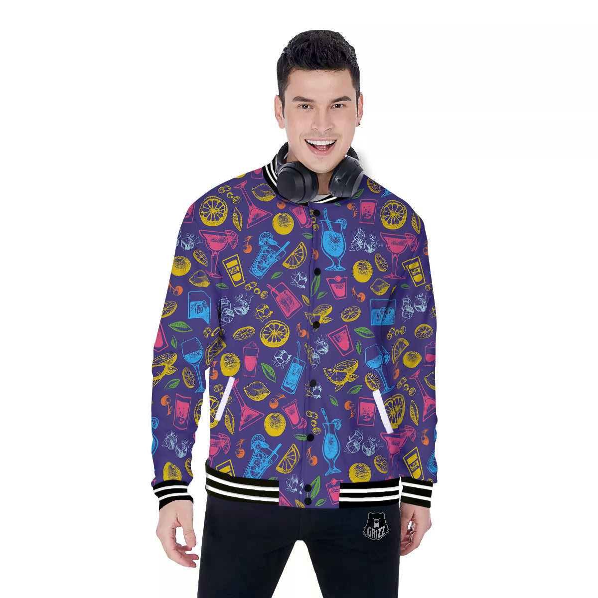 Cocktail Watercolor Print Pattern Baseball Jacket-grizzshop