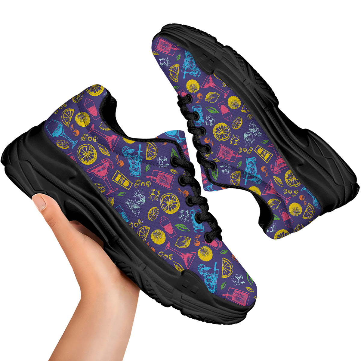Cocktail Watercolor Print Pattern Black Chunky Shoes-grizzshop