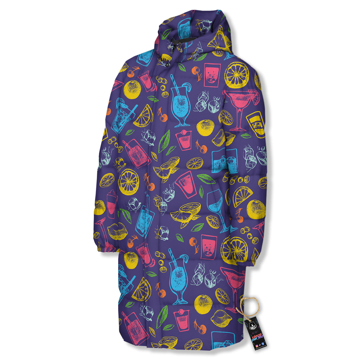 Cocktail Watercolor Print Pattern Long Down Jacket-grizzshop