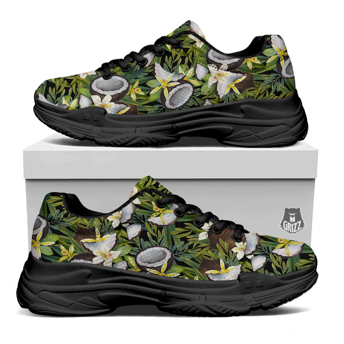 Coconut And Vanilla Flower Print Pattern Black Chunky Shoes-grizzshop