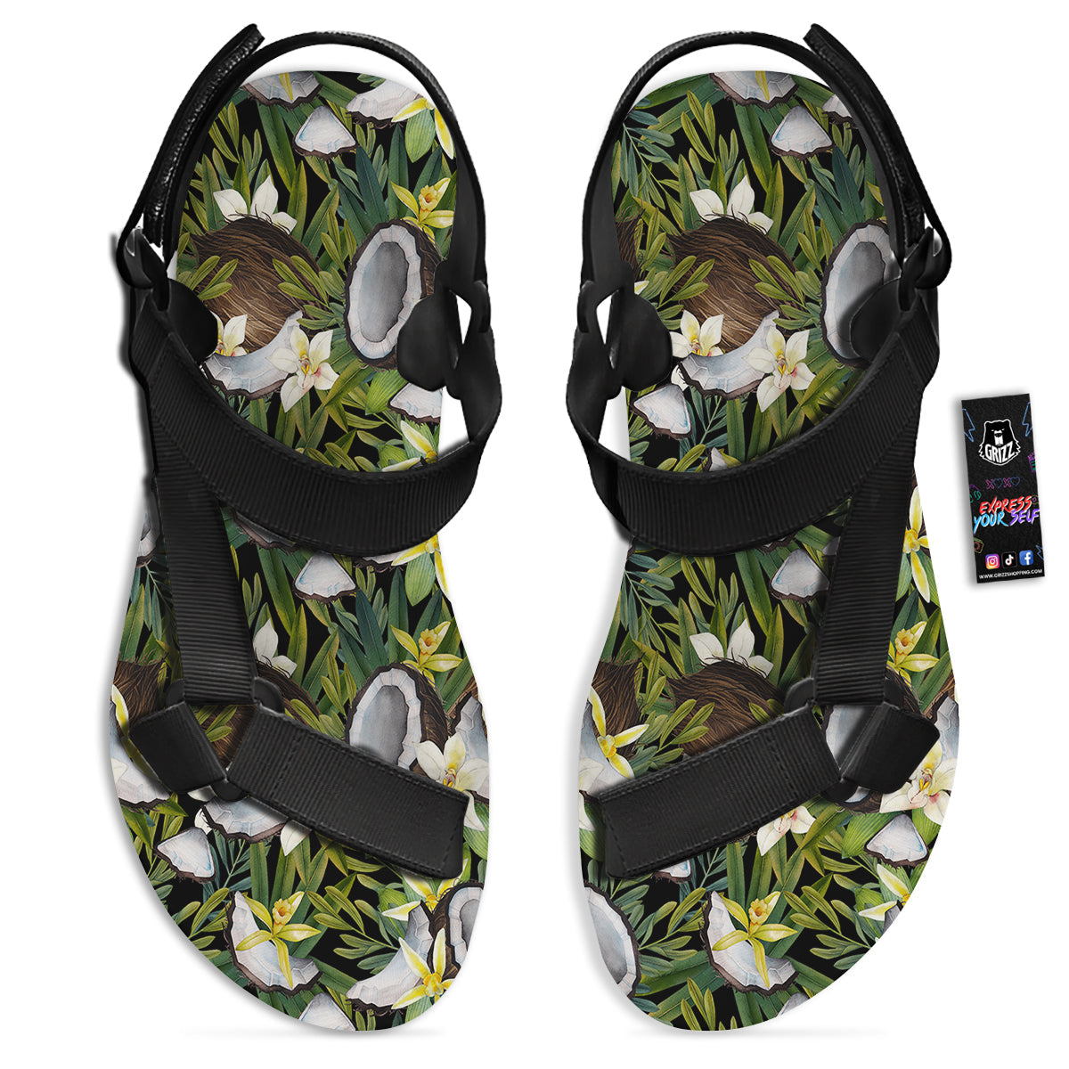 Coconut And Vanilla Flower Print Pattern Black Open Toe Sandals-grizzshop