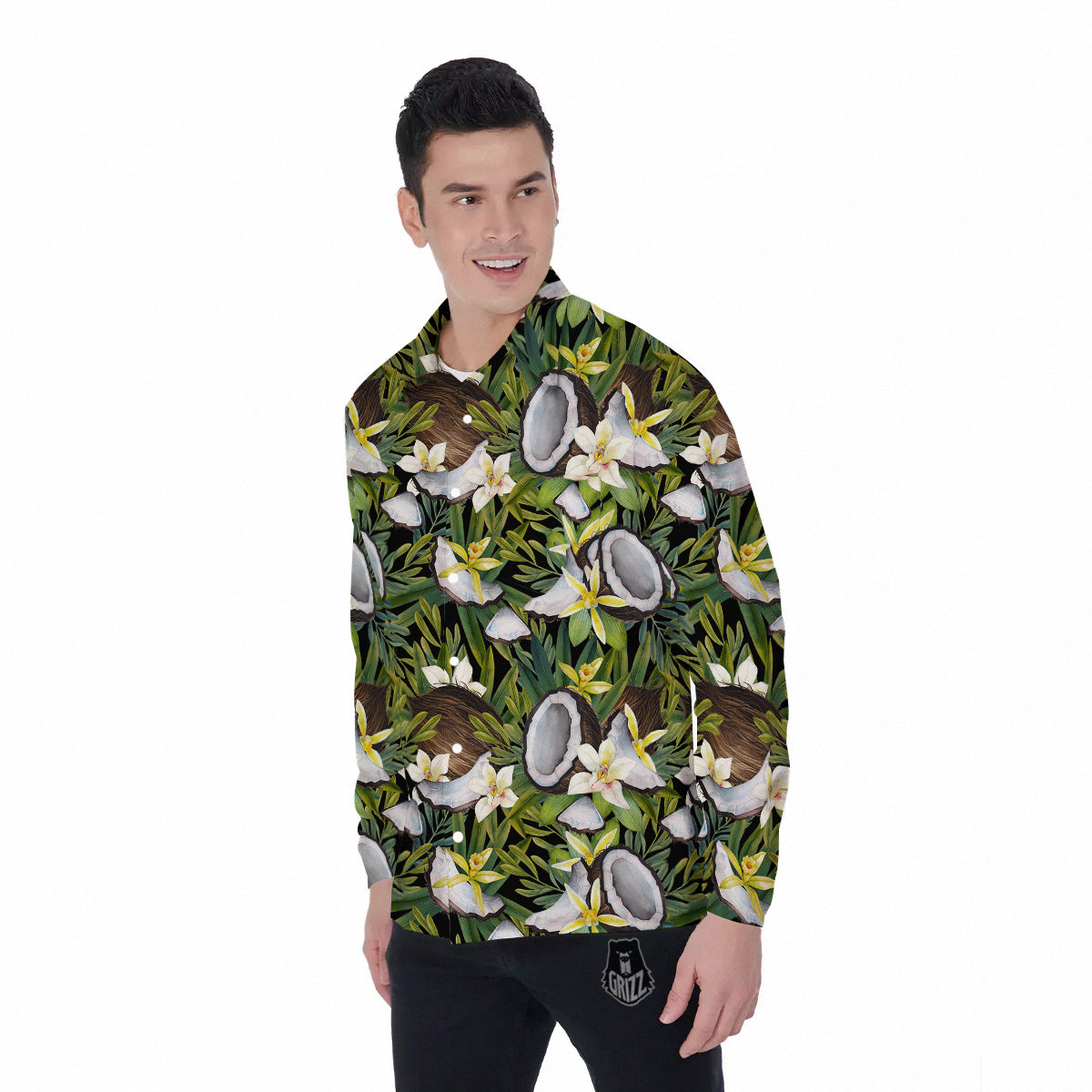 Coconut And Vanilla Flower Print Pattern Men's Long Sleeve Shirts-grizzshop