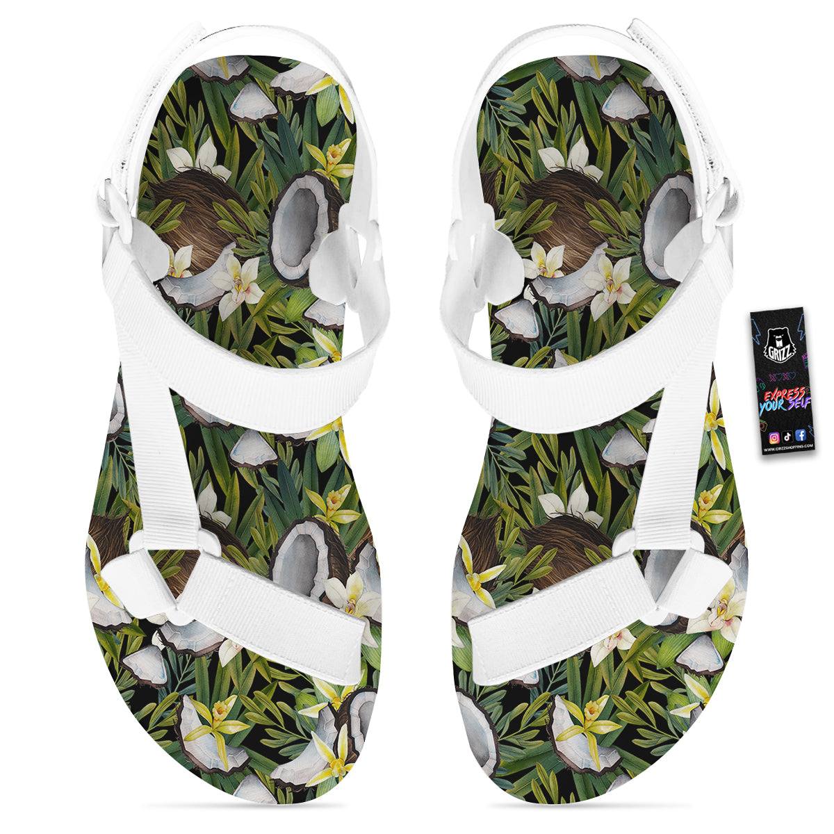 Coconut And Vanilla Flower Print Pattern White Open Toe Sandals-grizzshop