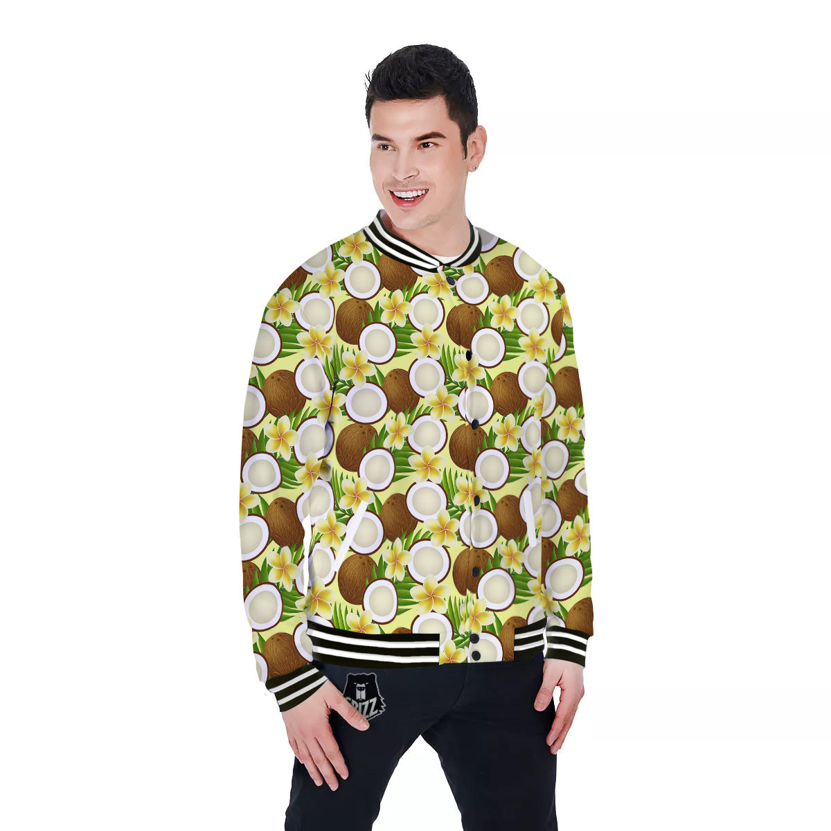 Coconut Beige Print Pattern Baseball Jacket-grizzshop
