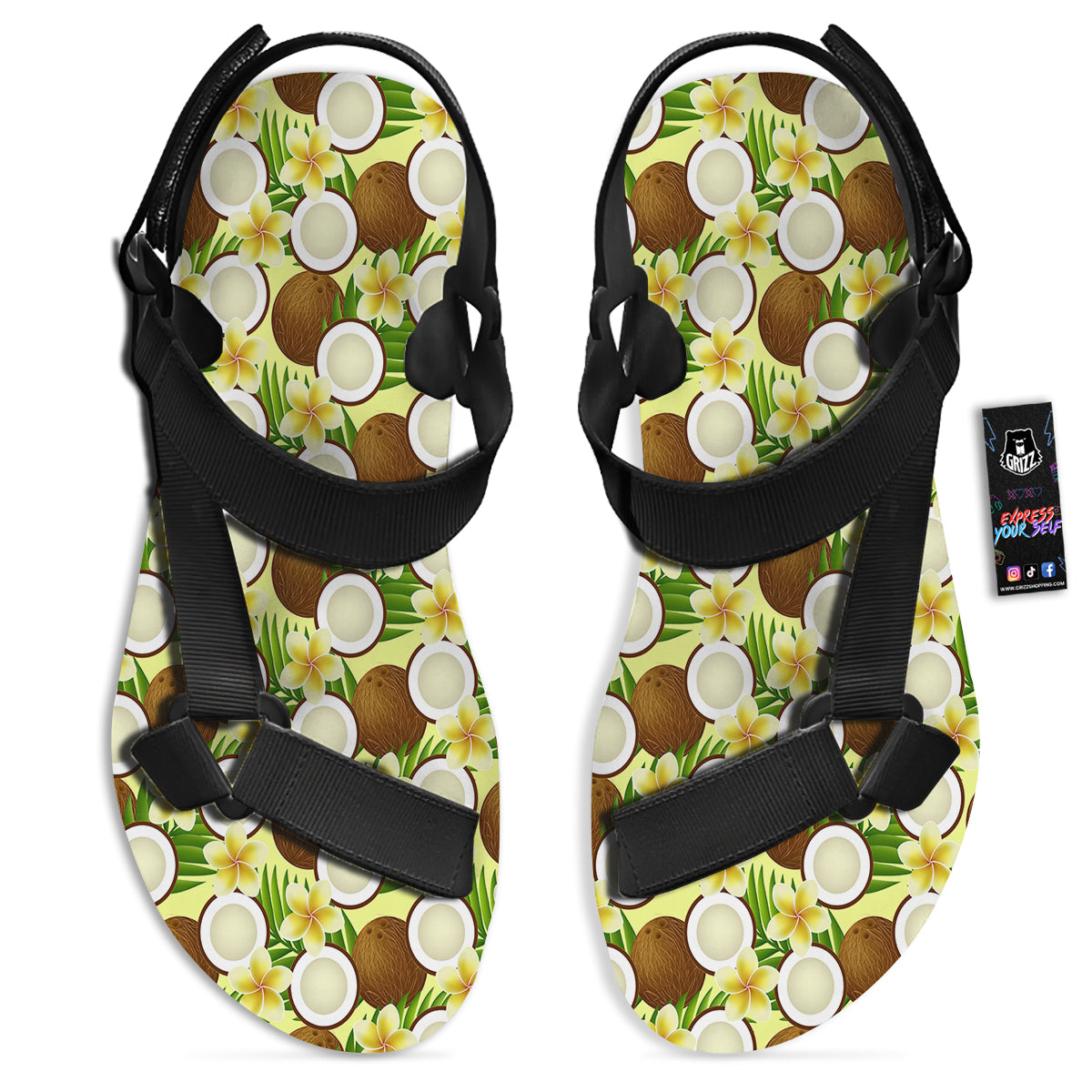 Coconut Beige Print Pattern Black Open Toe Sandals-grizzshop