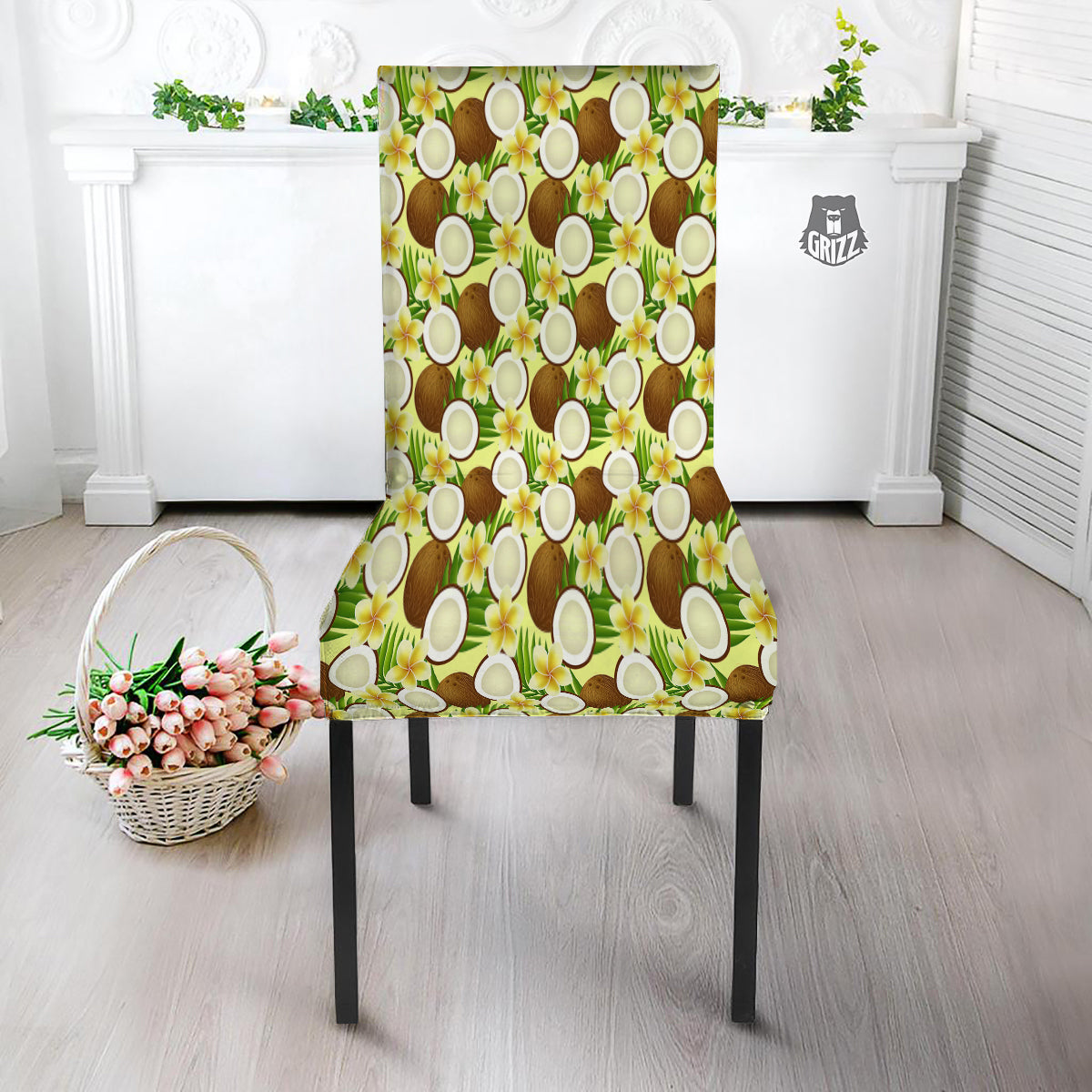 Coconut Beige Print Pattern Dining Chair Slipcover-grizzshop
